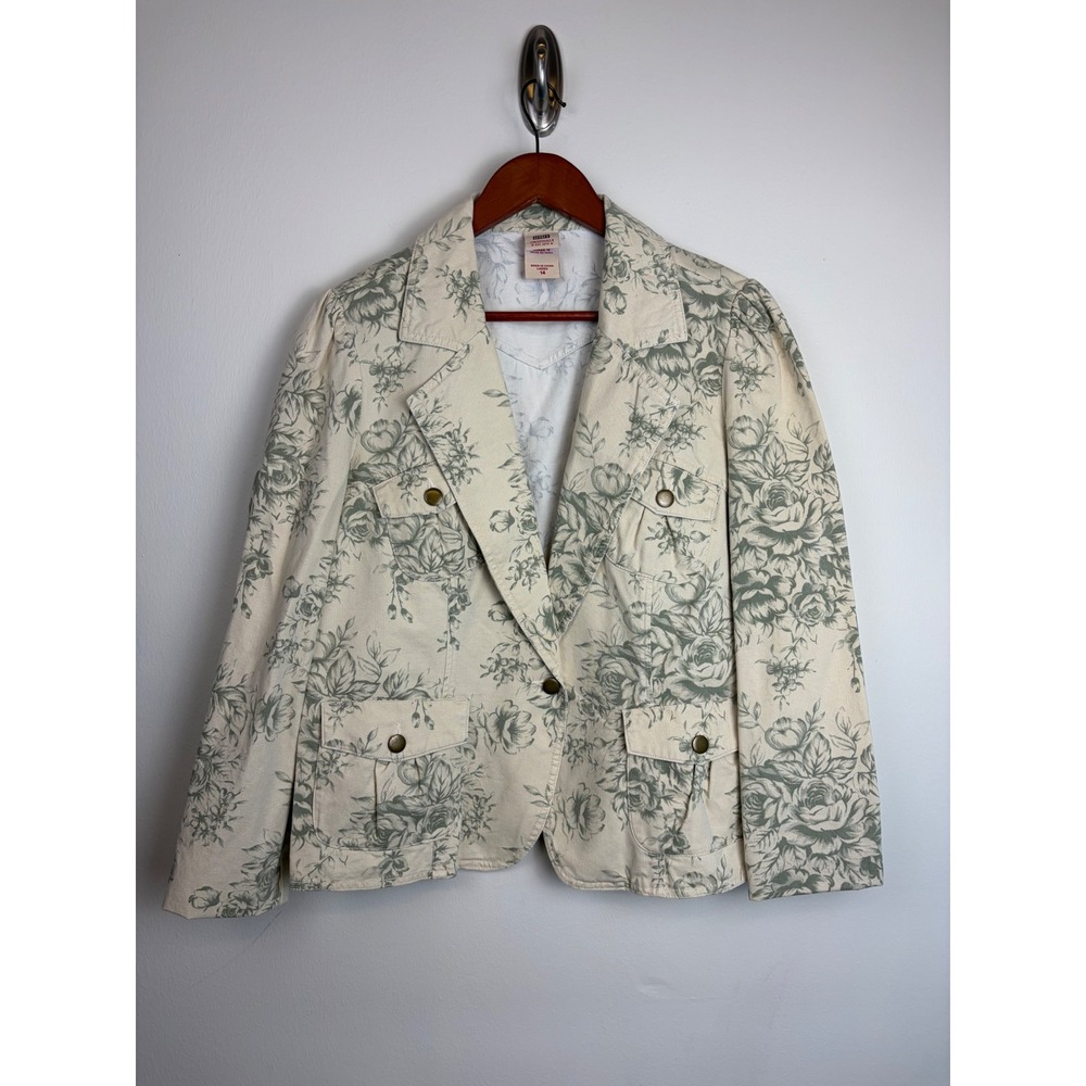 Y2K Faded Glory Floral Blazer 14 Green Khaki Cotton Utility Jacket Cottagecore